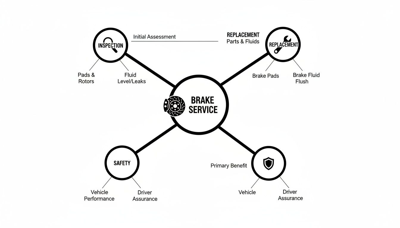 Diagram showing brake service components: inspection, replacement parts and fluids, and resulting safety benefits.