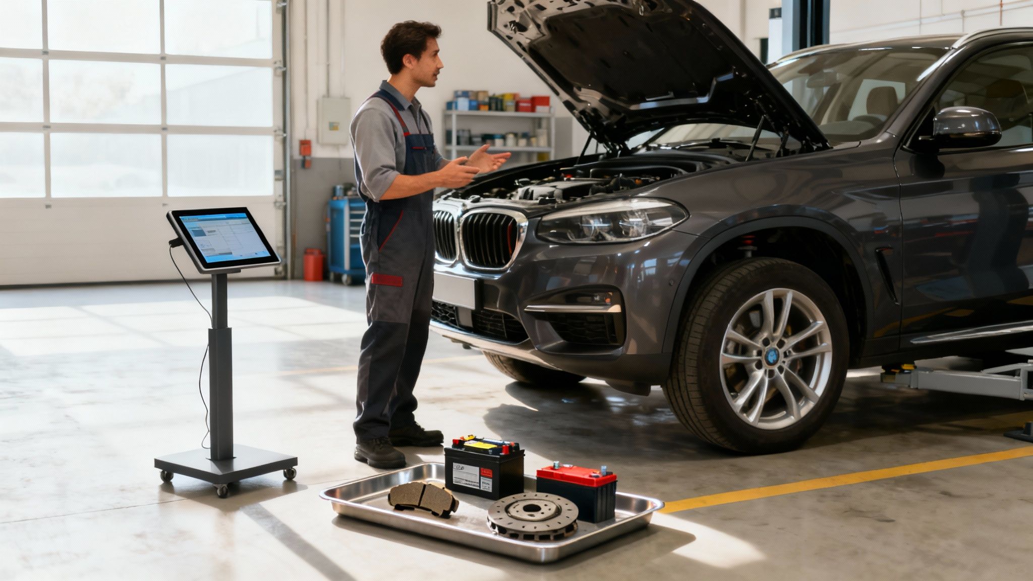 A mechanic explains car repair details next to a car with an open hood in a garage.