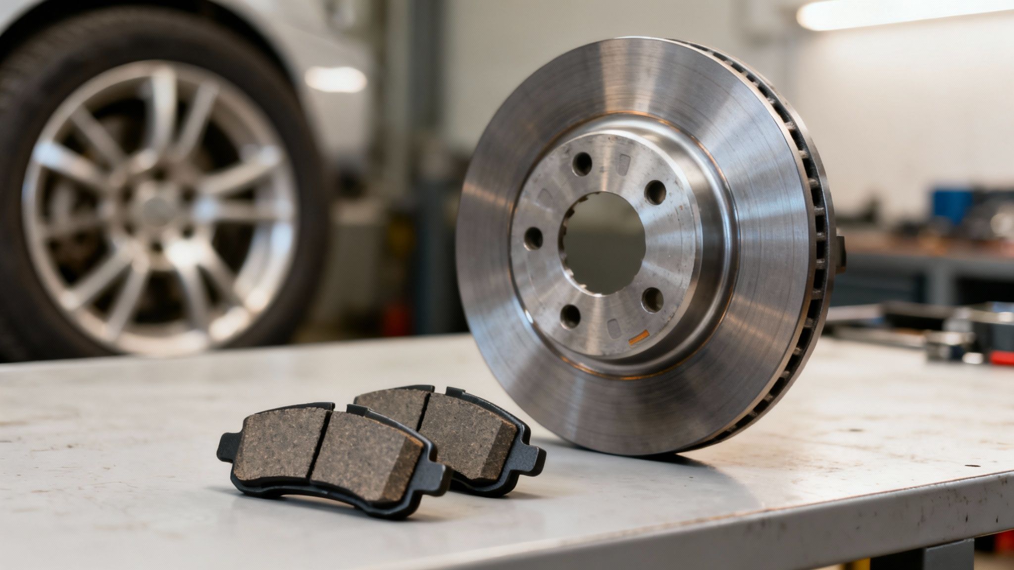 Close-up of new automotive brake rotor and pads on a workbench for car service.