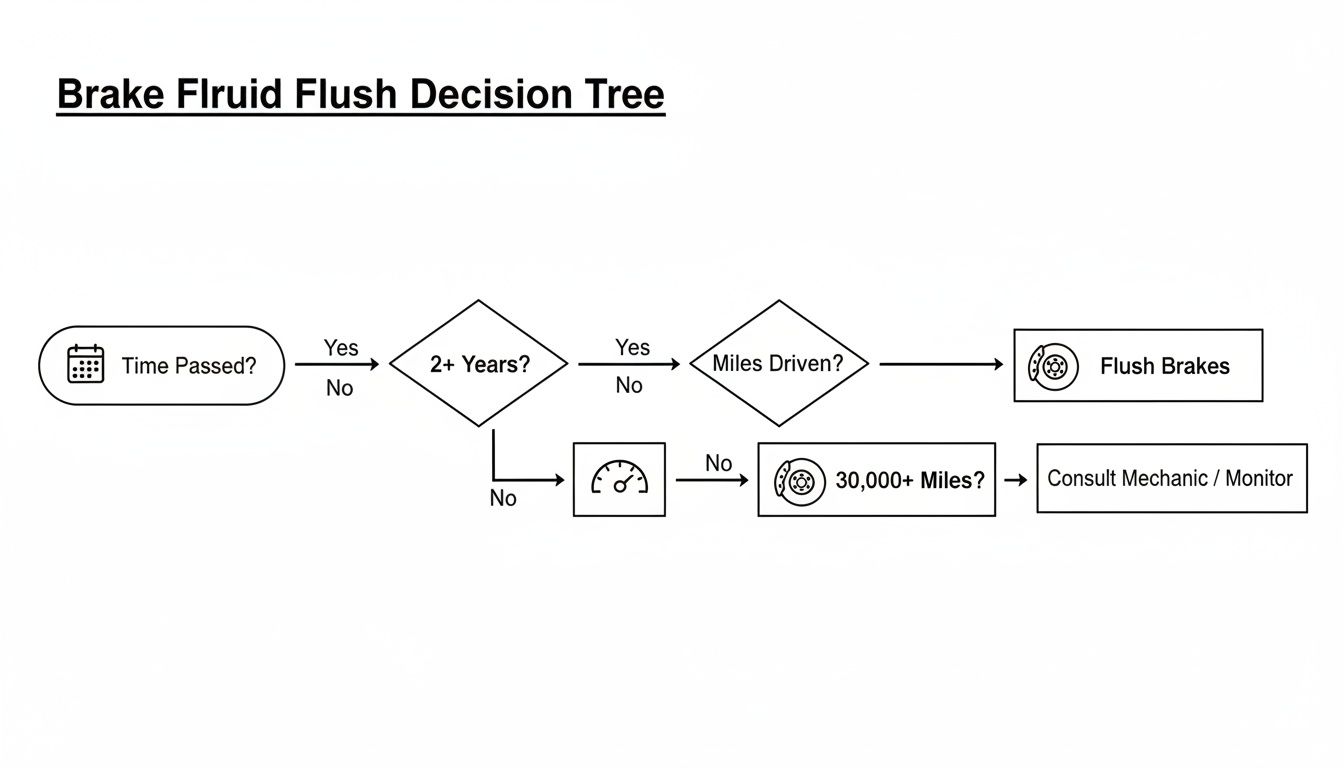 Flowchart for brake fluid flush decisions based on time passed and miles driven.