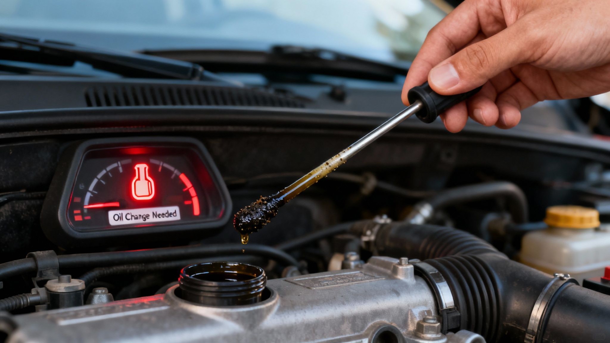 Hand checking dirty car oil with a dipstick, showing 'Oil Change Needed' dashboard warning light.