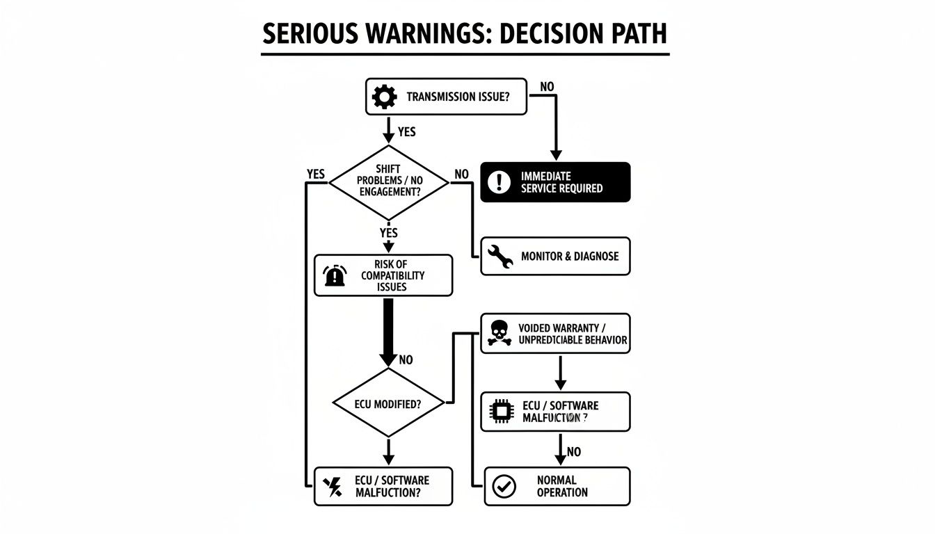Flowchart illustrating a decision path for serious warnings related to transmission, shift problems, and ECU issues.