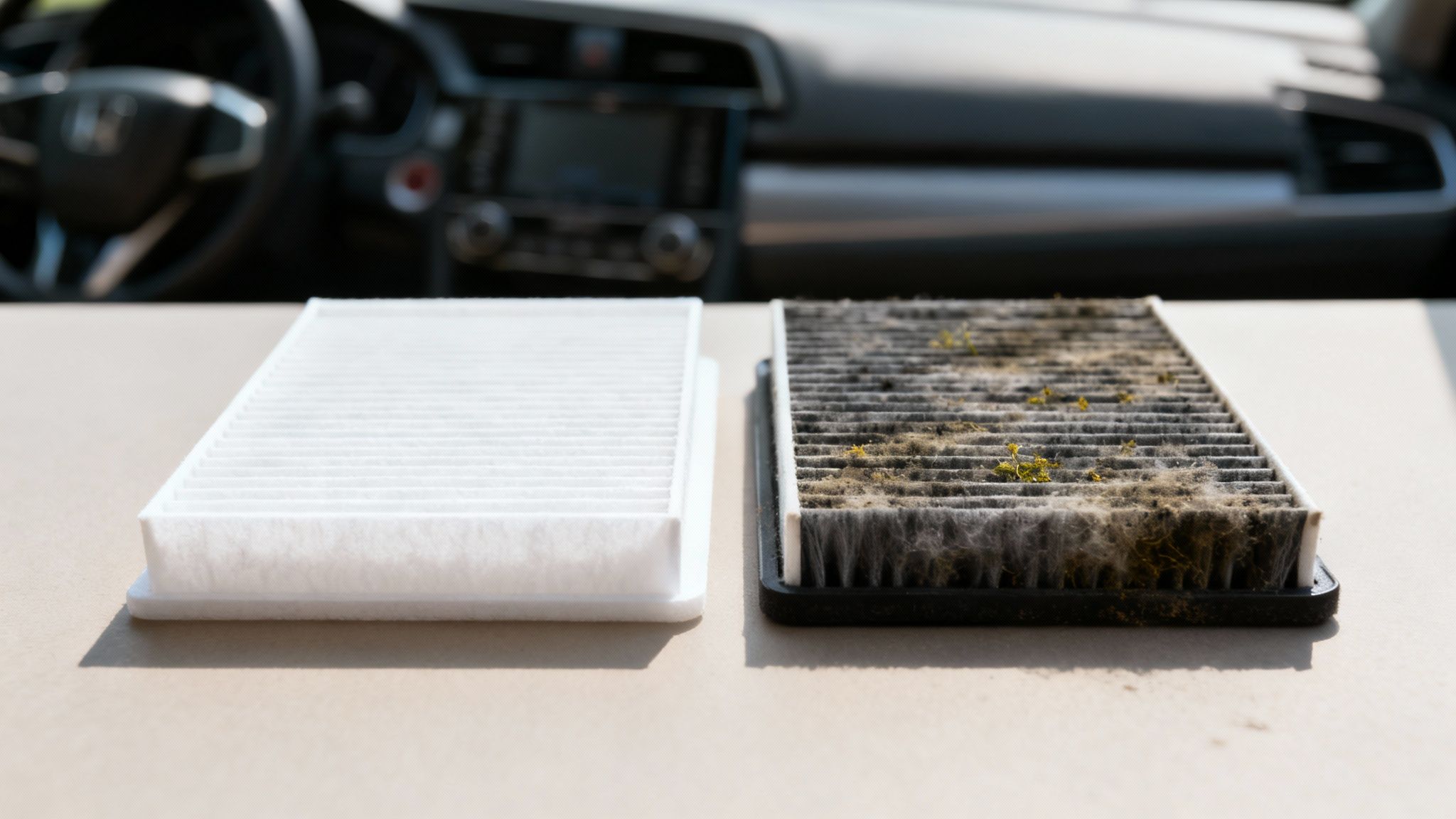 Two car cabin air filters side-by-side, one clean and new, the other very dirty.