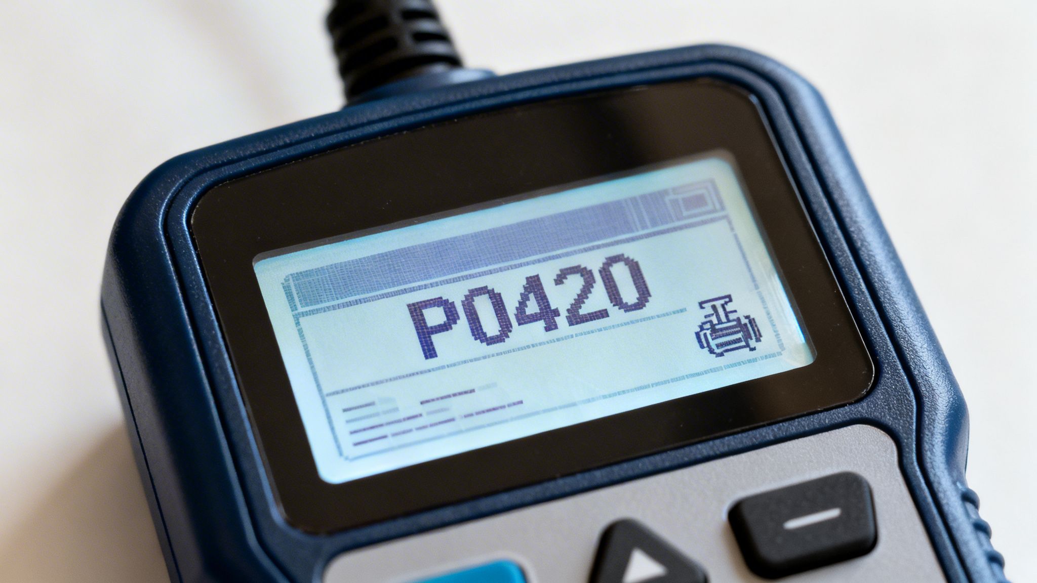 Close-up of an automotive OBD-II scanner displaying the check engine code P0420 and an engine icon.