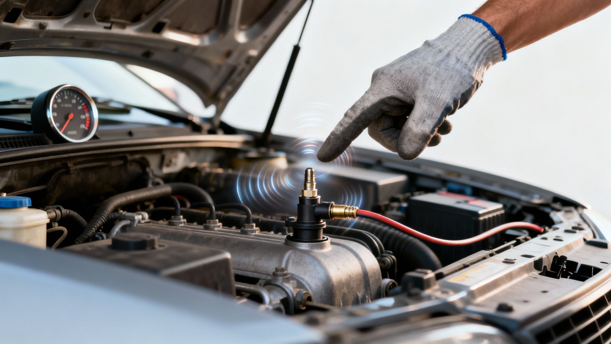 Mechanic's gloved hand points to a car engine with diagnostic tools, indicating maintenance.