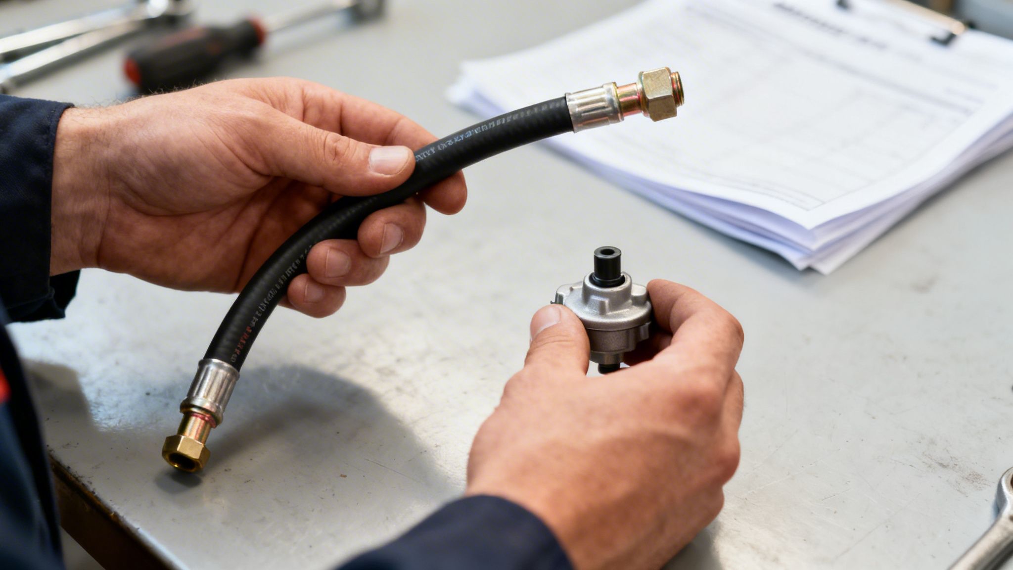 Close-up of a person's hands holding a hydraulic hose and a metal component on a workbench.