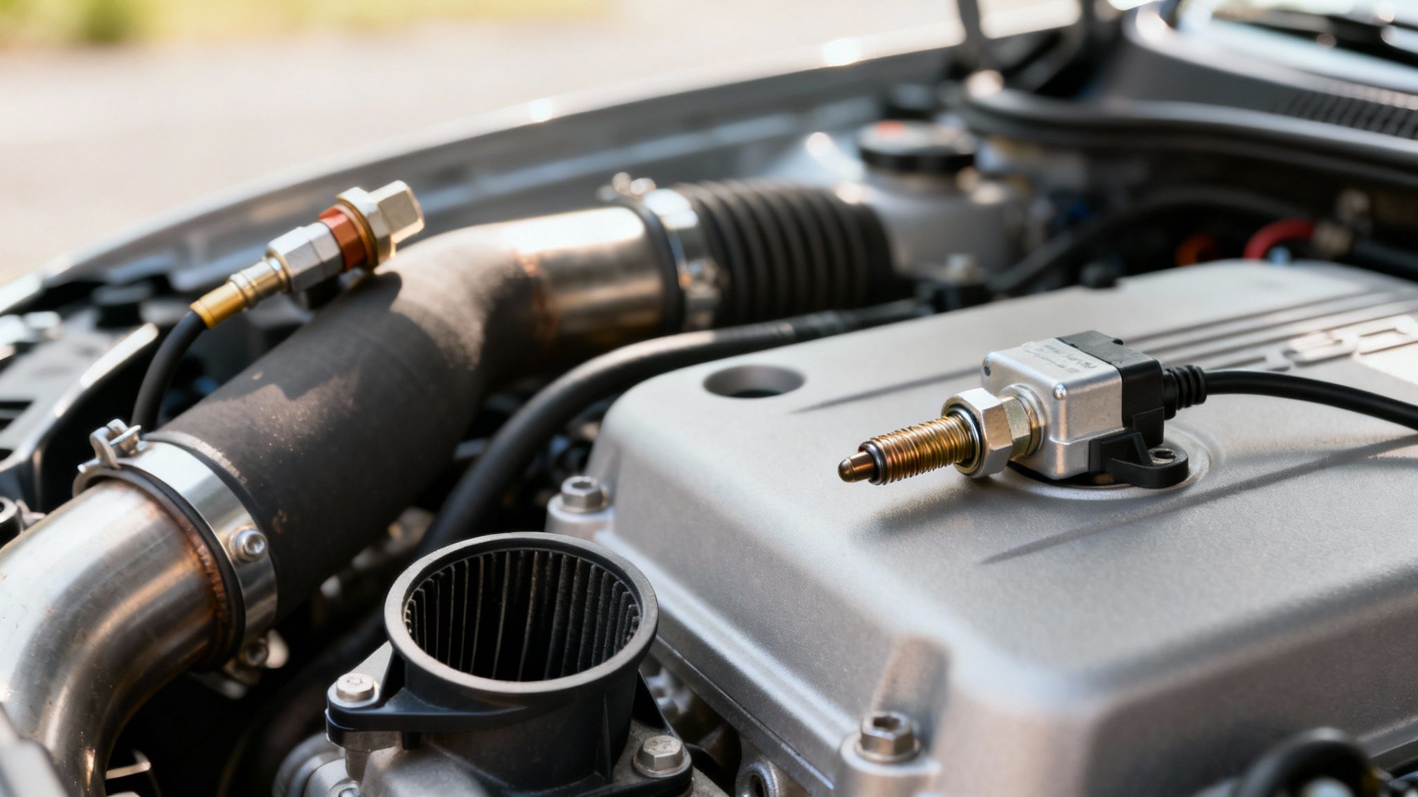 Close-up of a car engine bay showing various sensors, tubes, and components.