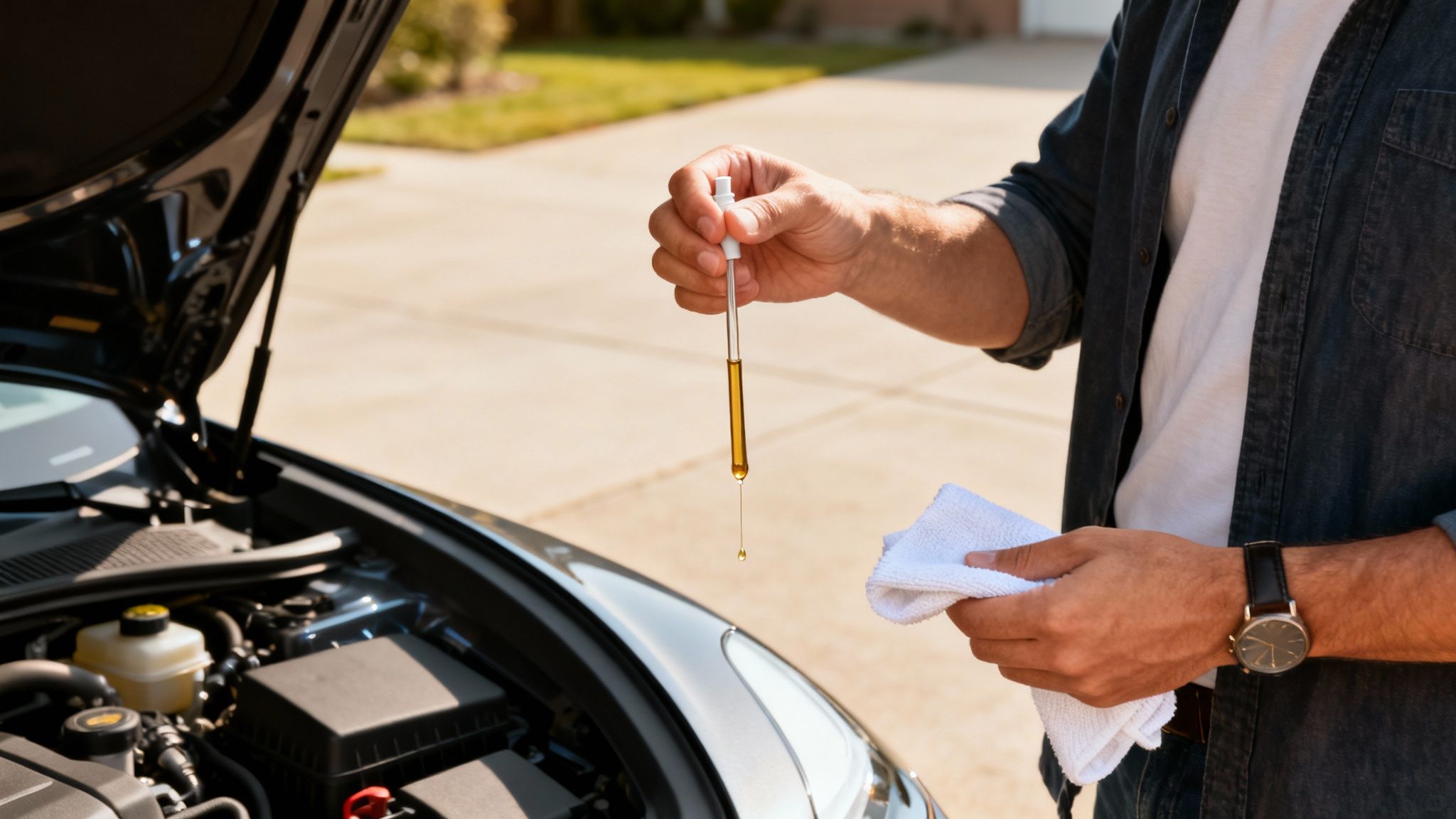 Close-up of a person checking car engine oil with a dipstick, a drop falling, holding a white cloth.