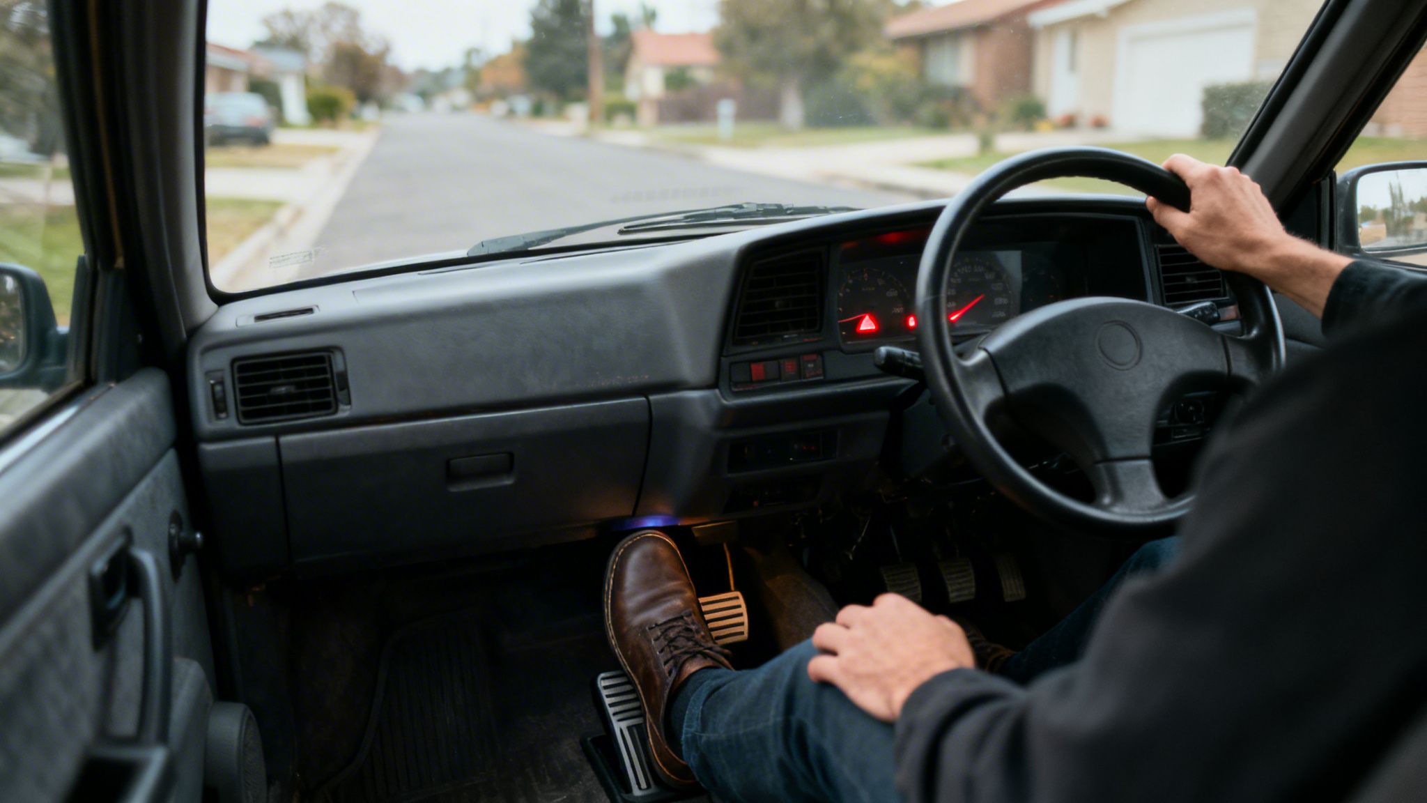 Driver's perspective inside a car, hands on steering wheel, foot on brake pedal, looking at a street.