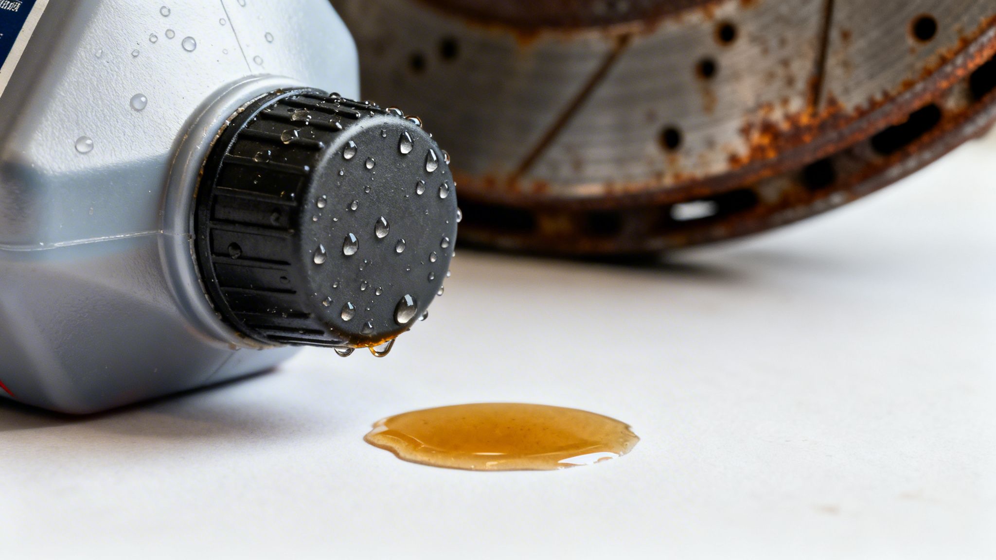 A grey bottle with water droplets spills amber fluid onto a white surface, with a rusty car brake rotor in the background.