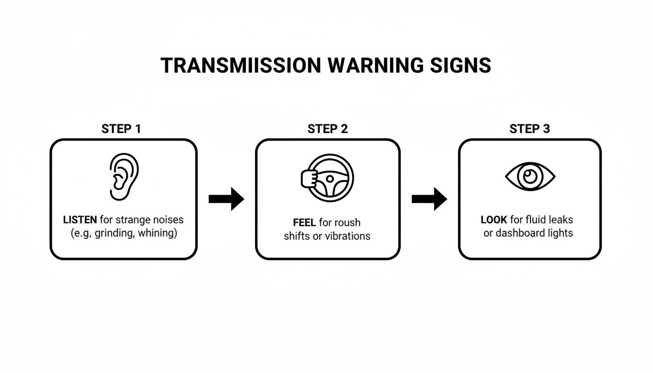 Flowchart illustrating three steps to identify car transmission warning signs: listen, feel, and look.