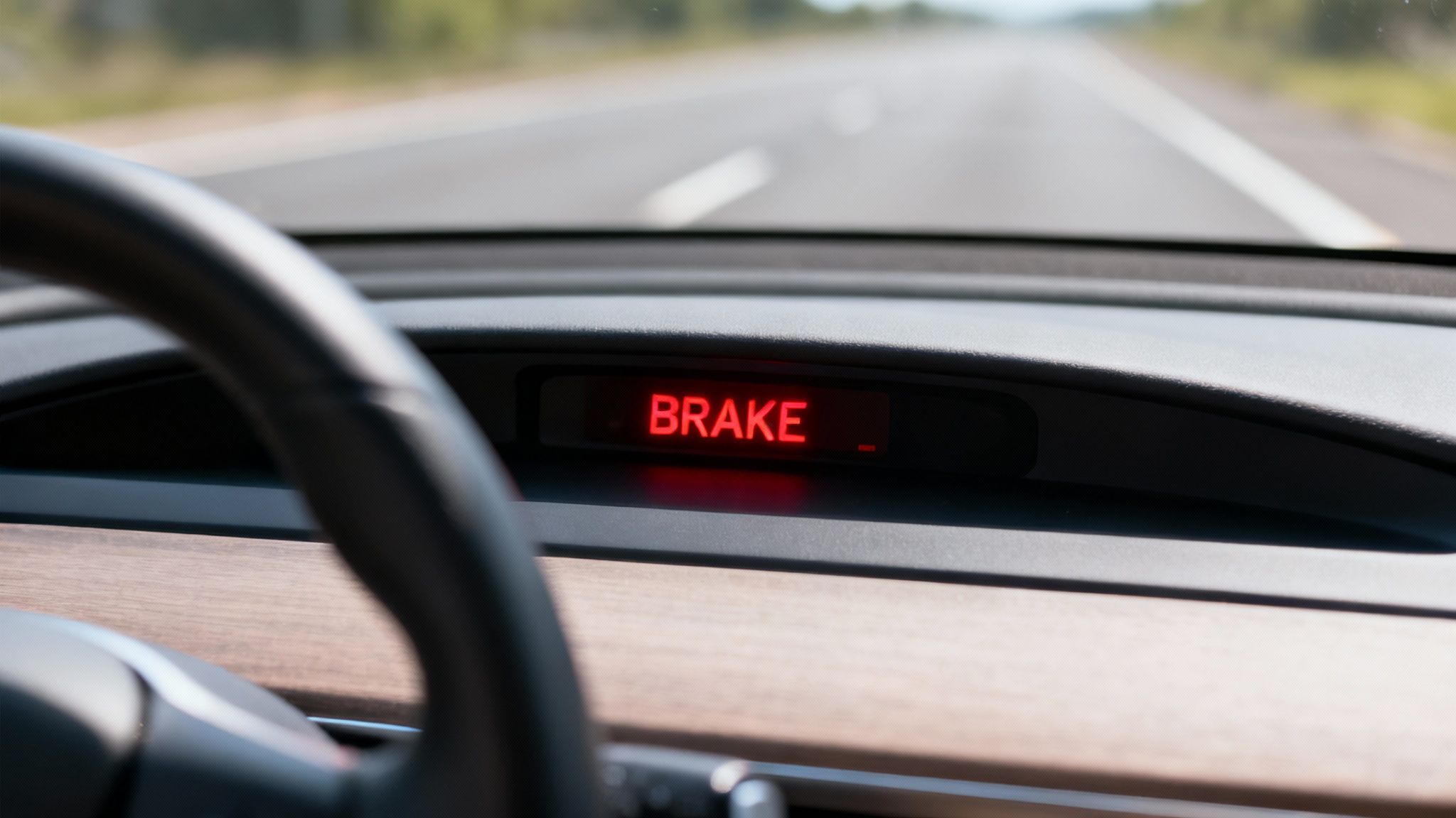 A car's dashboard shows a red 'BRAKE' warning light while driving on a highway.