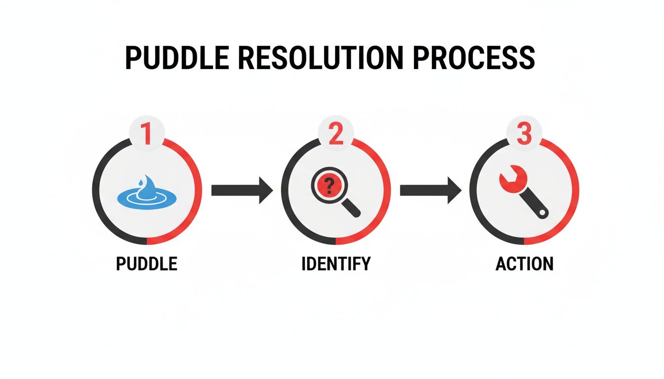 Diagram showing a three-step puddle resolution process: Puddle, Identify, and Action, with icons.
