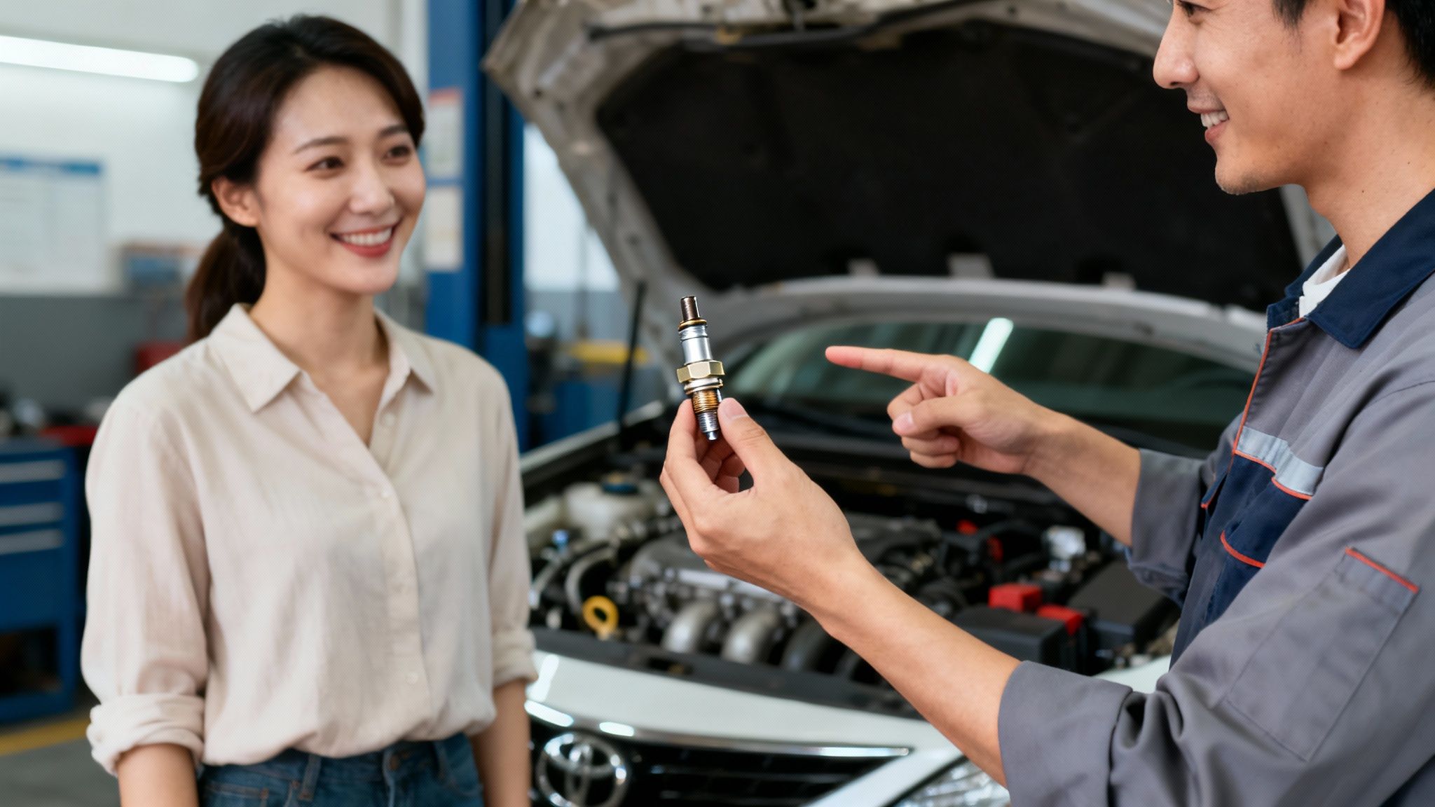A smiling mechanic shows a car engine part to a happy female customer at a repair shop.