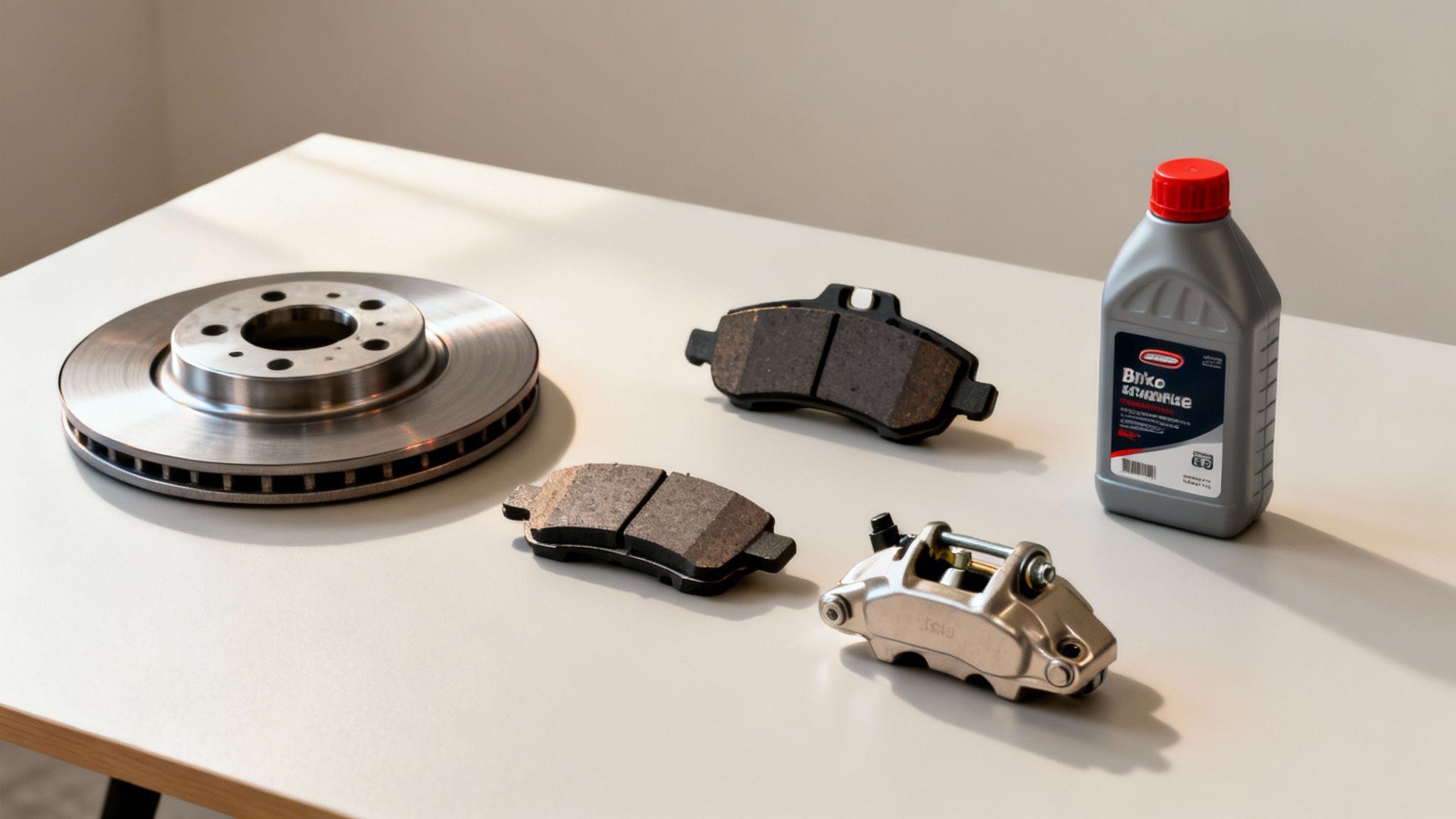 Various car brake components including a rotor, pads, caliper, and fluid bottle laid on a table.