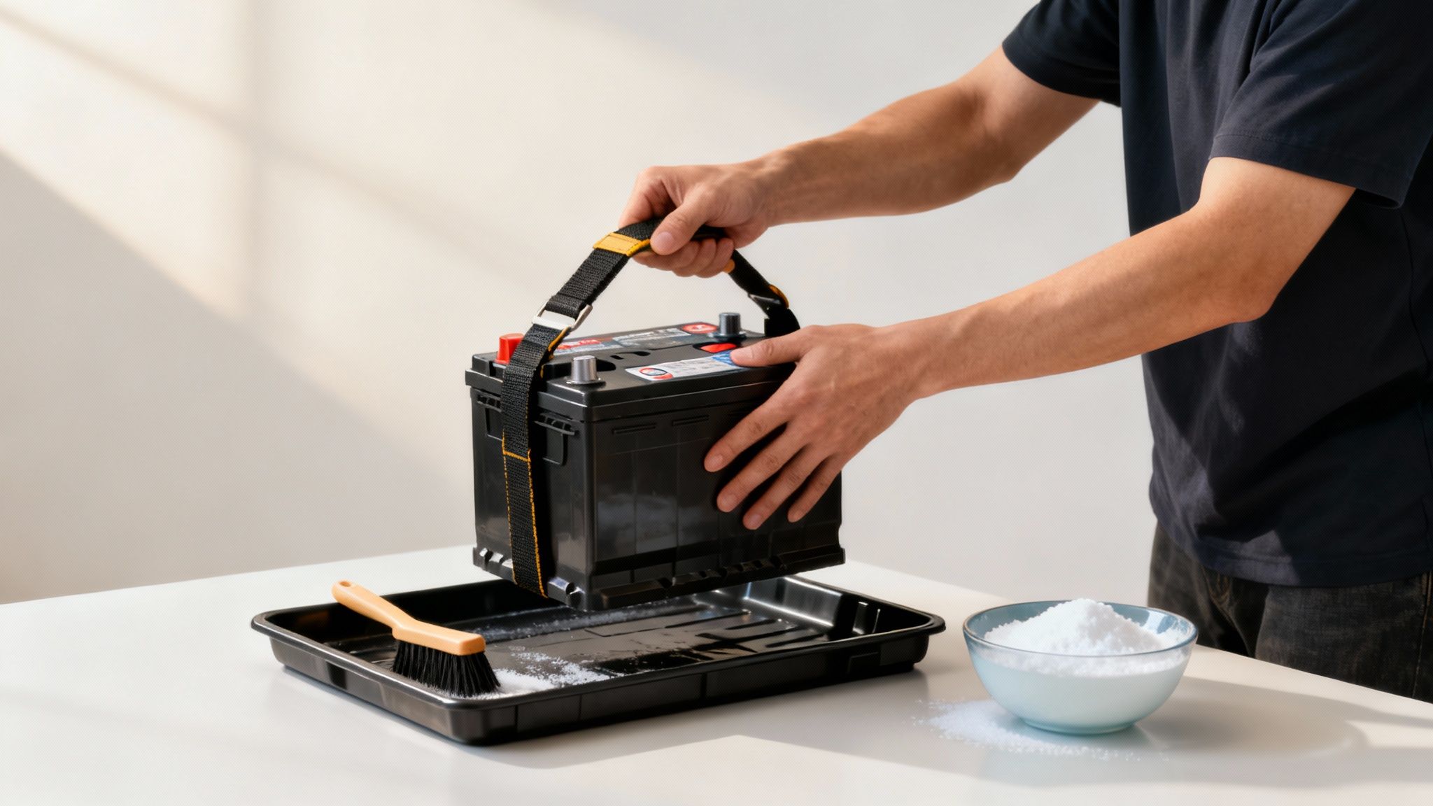 A person's hands lifting a car battery with a strap, placing it into a cleaning tray.