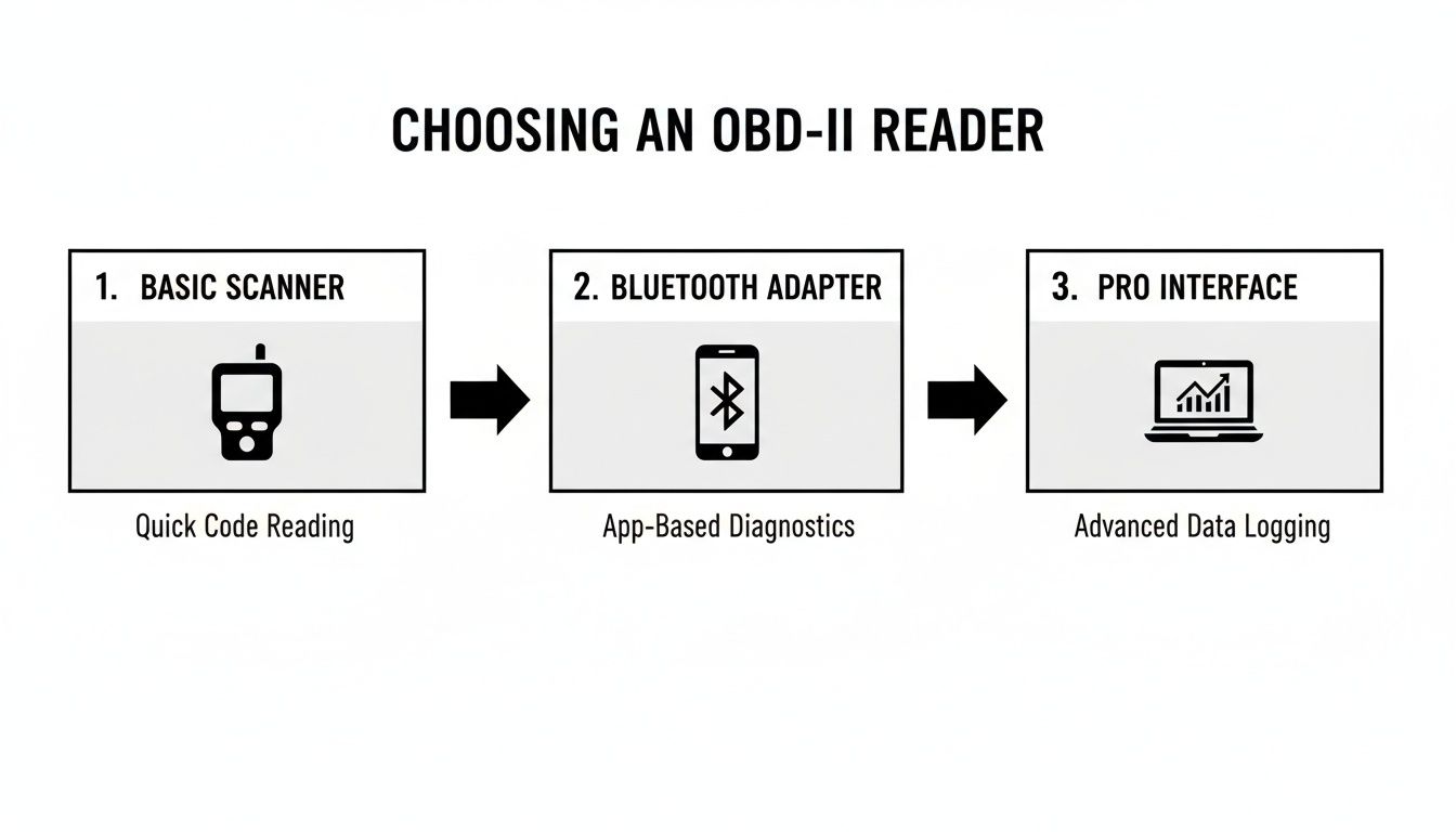 Diagram showing three types of OBD-II readers: Basic Scanner, Bluetooth Adapter, and Pro Interface, with their functions.