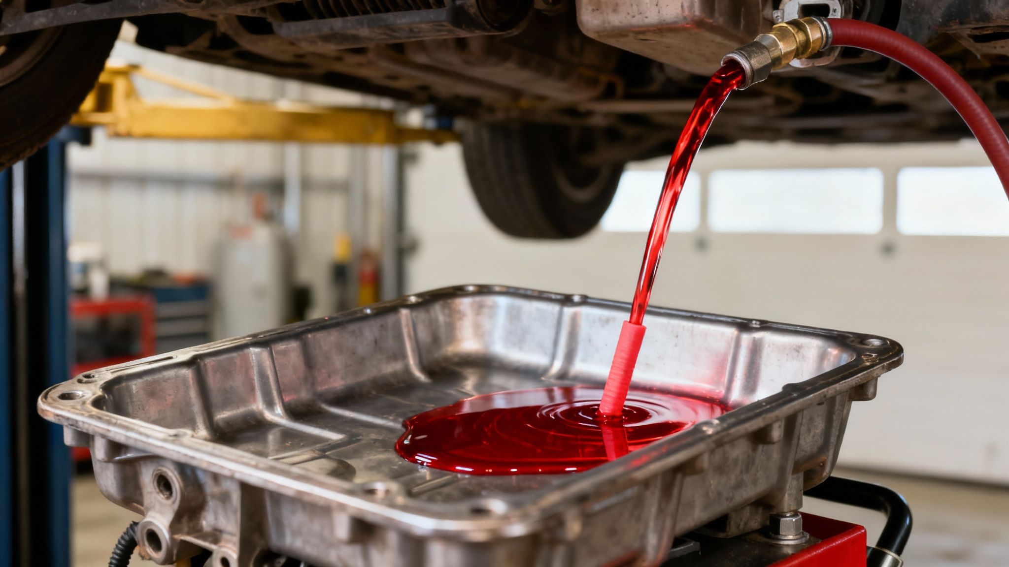Vibrant red transmission fluid draining from a car on a lift into a metal pan during maintenance.