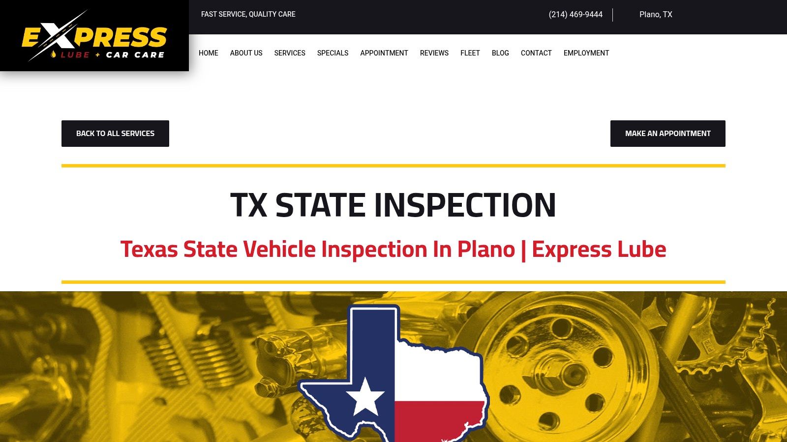 A technician at Express Lube Plano performs a vehicle safety inspection on a car lifted on a hydraulic hoist, checking the undercarriage and wheels.