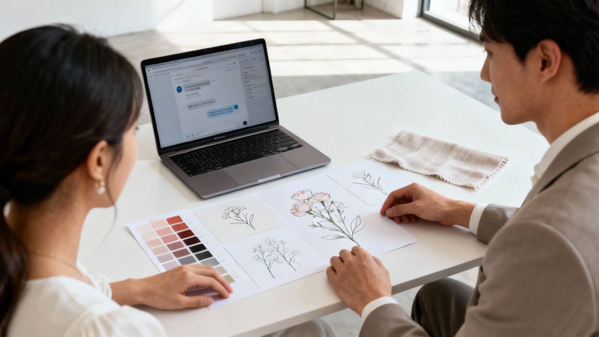 A man and woman discuss wedding stationery designs, looking at floral art, colors, and a laptop.
