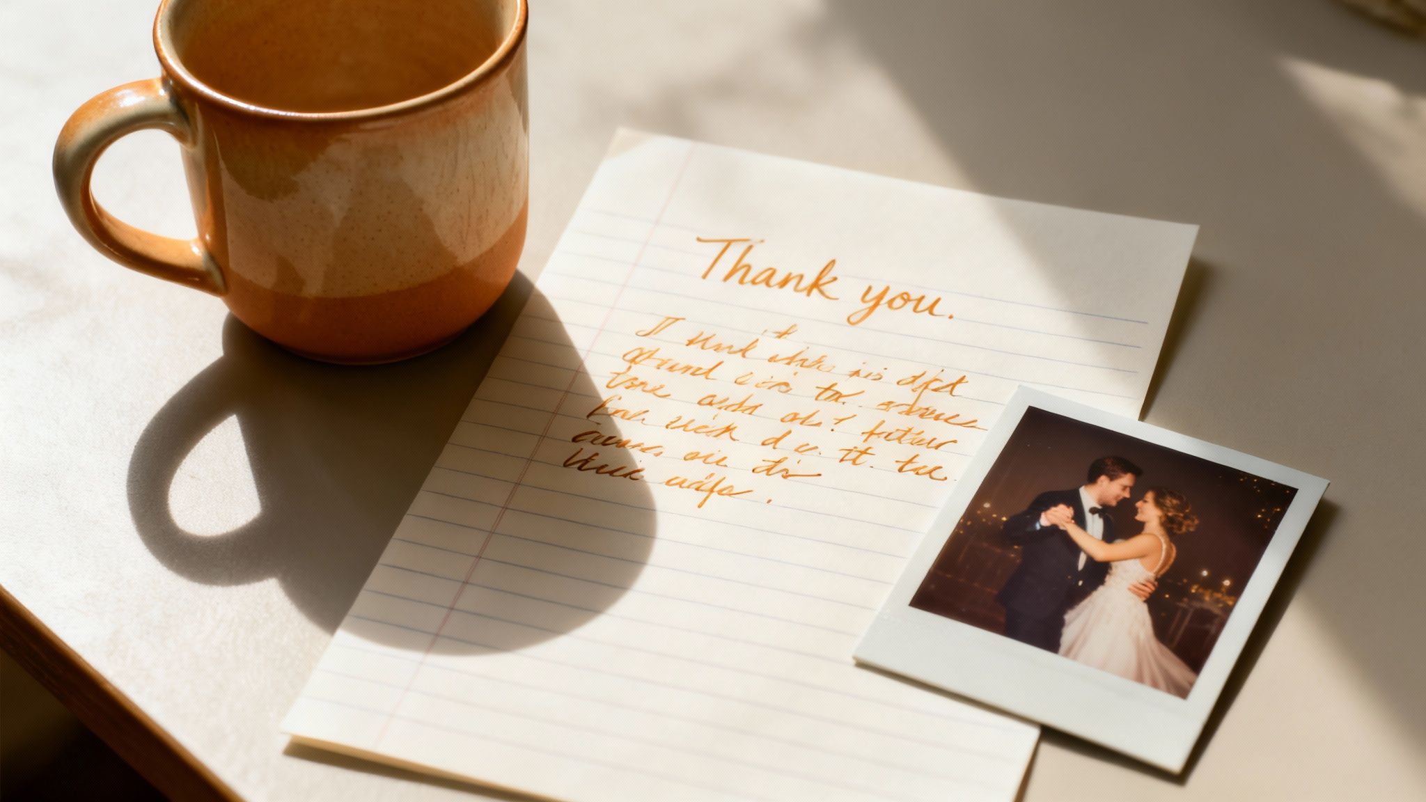 A 'Thank you' note with a polaroid photo of a dancing wedding couple, next to a ceramic mug.