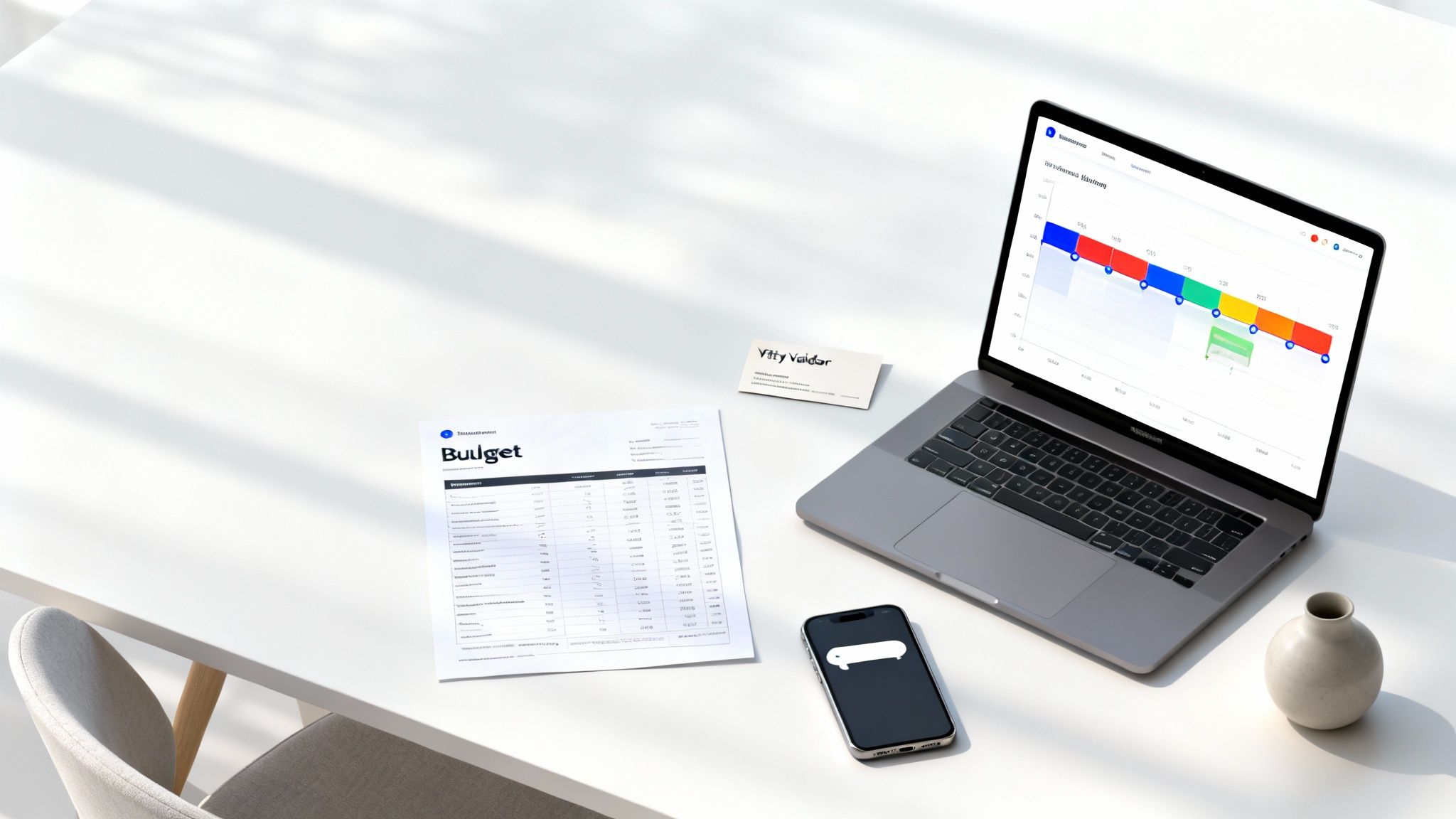 Modern office desk with a laptop displaying a colorful chart, a budget document, smartphone, and business card.