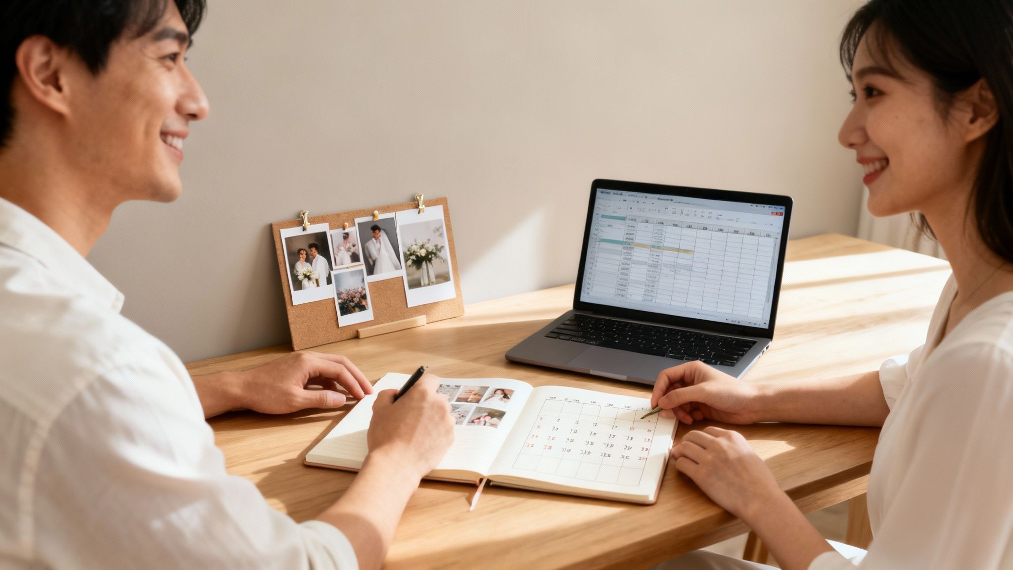 Smiling couple plans their wedding, reviewing dates and photos in a notebook and on a laptop.