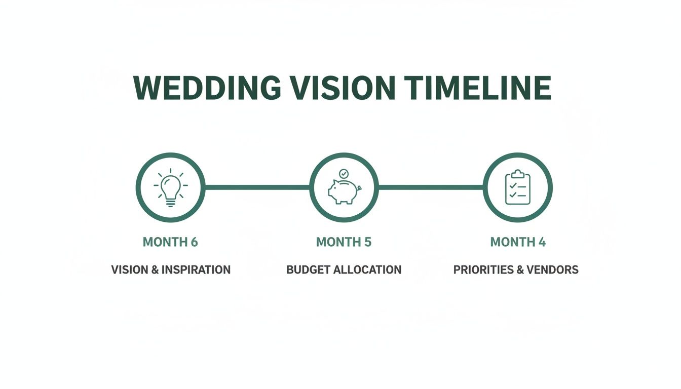 A wedding vision timeline infographic outlining key planning steps for months 6, 5, and 4.