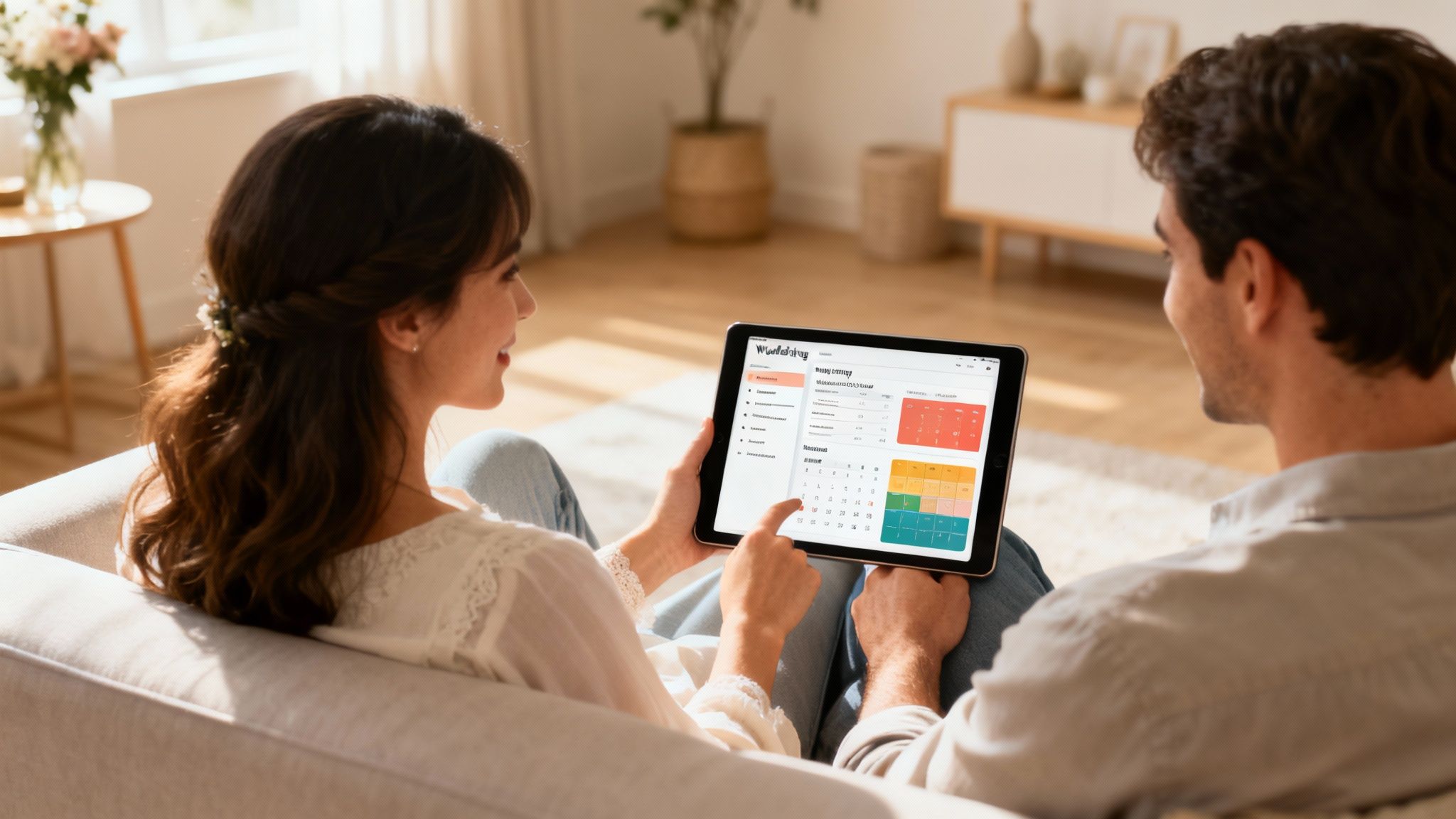 A couple relaxing on a couch, planning an event using a tablet with a calendar app.