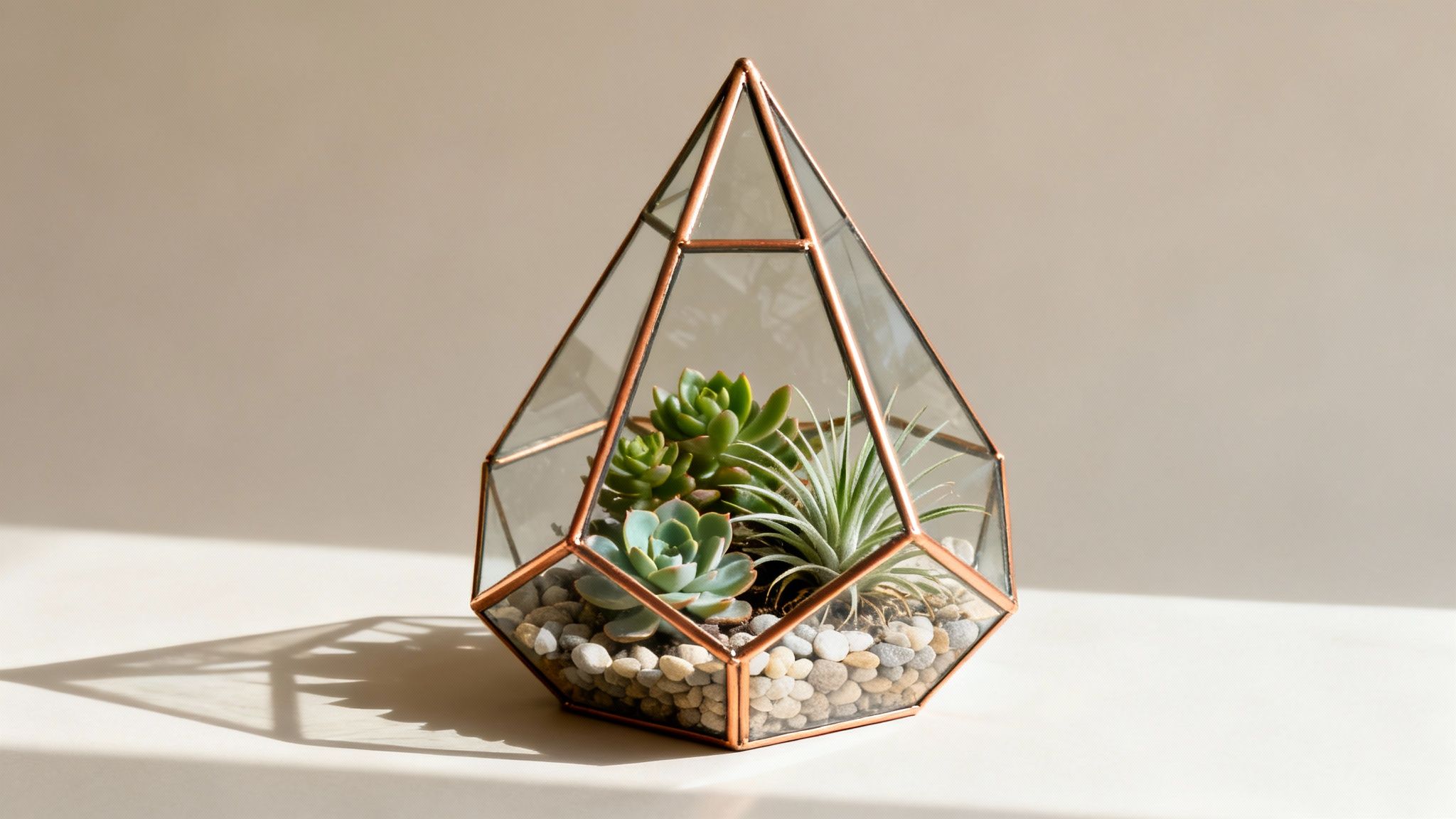 A geometric glass terrarium with succulents, an air plant, and pebbles, casting a shadow.