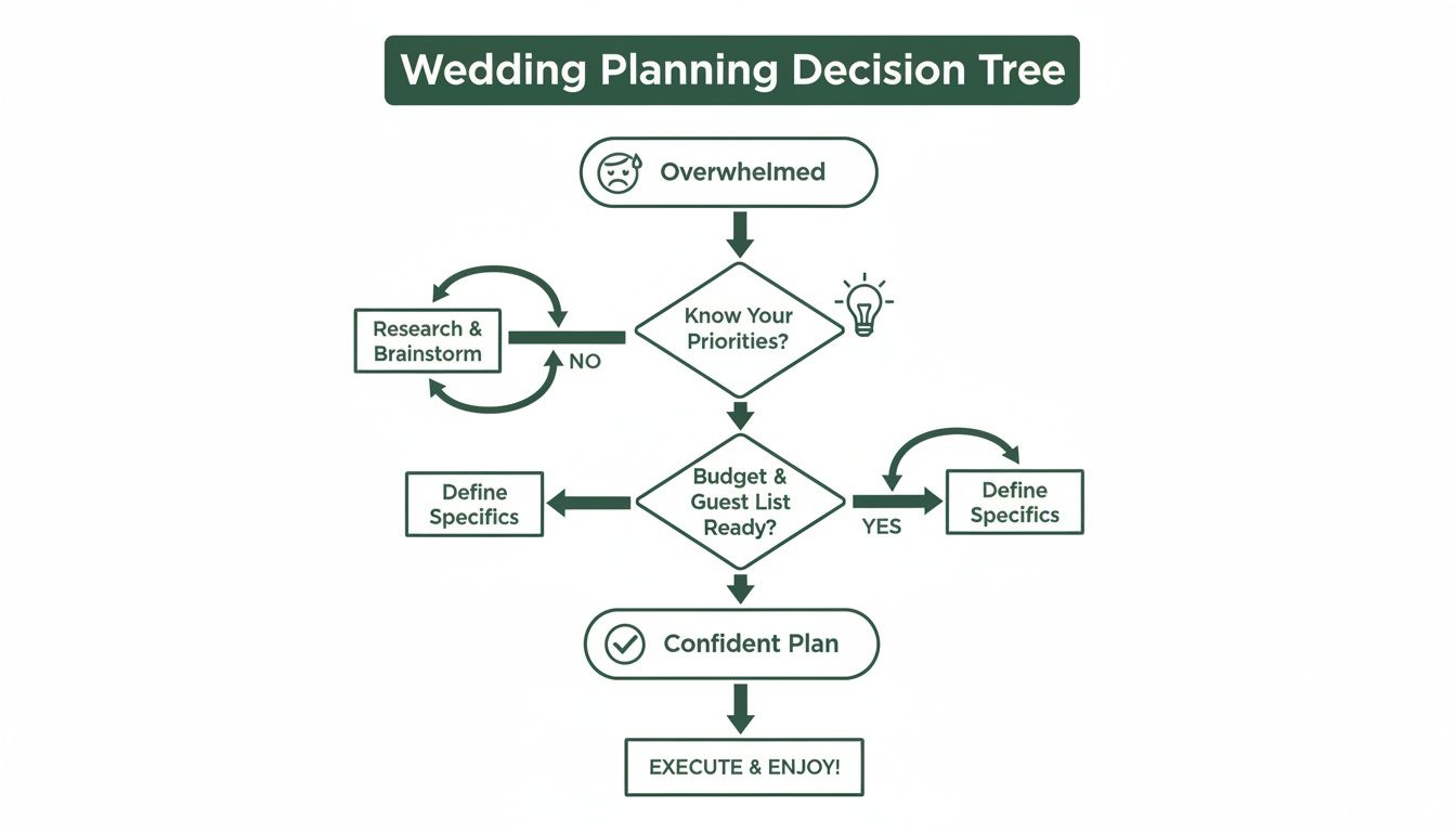 A wedding planning decision tree flowchart guides users from feeling overwhelmed to creating a confident plan.