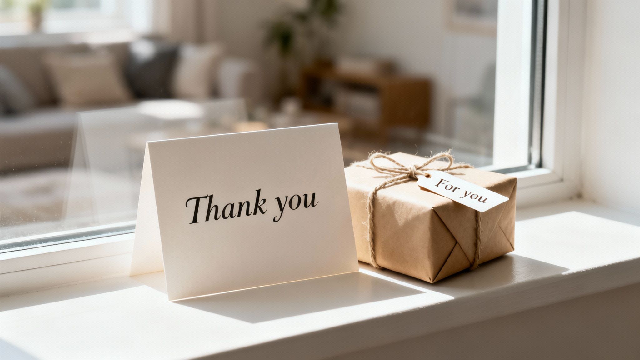 A "Thank you" card and a gift wrapped in kraft paper with a "For you" tag on a bright windowsill.
