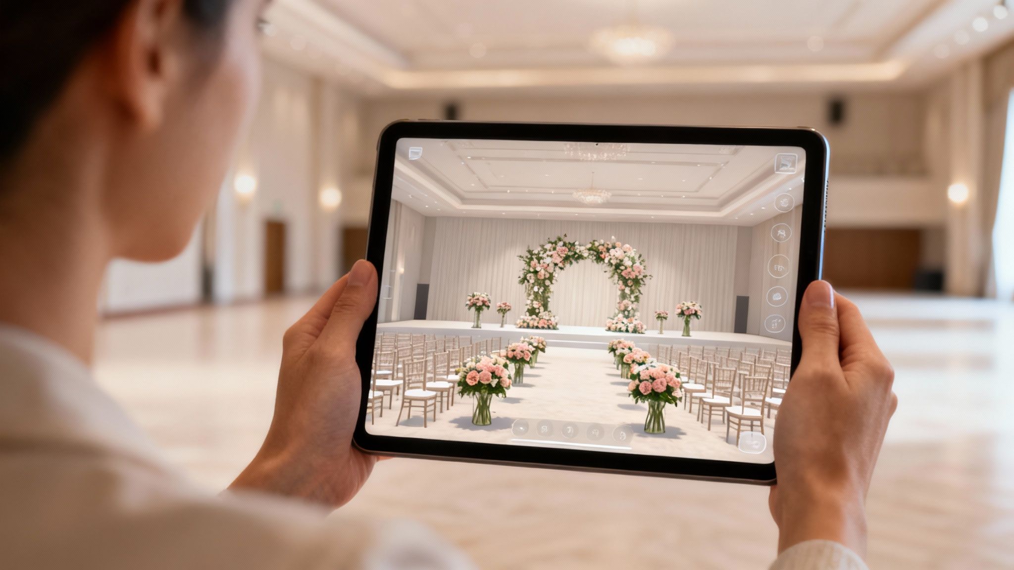 A person uses a tablet with augmented reality to visualize a wedding ceremony setup in an empty venue.