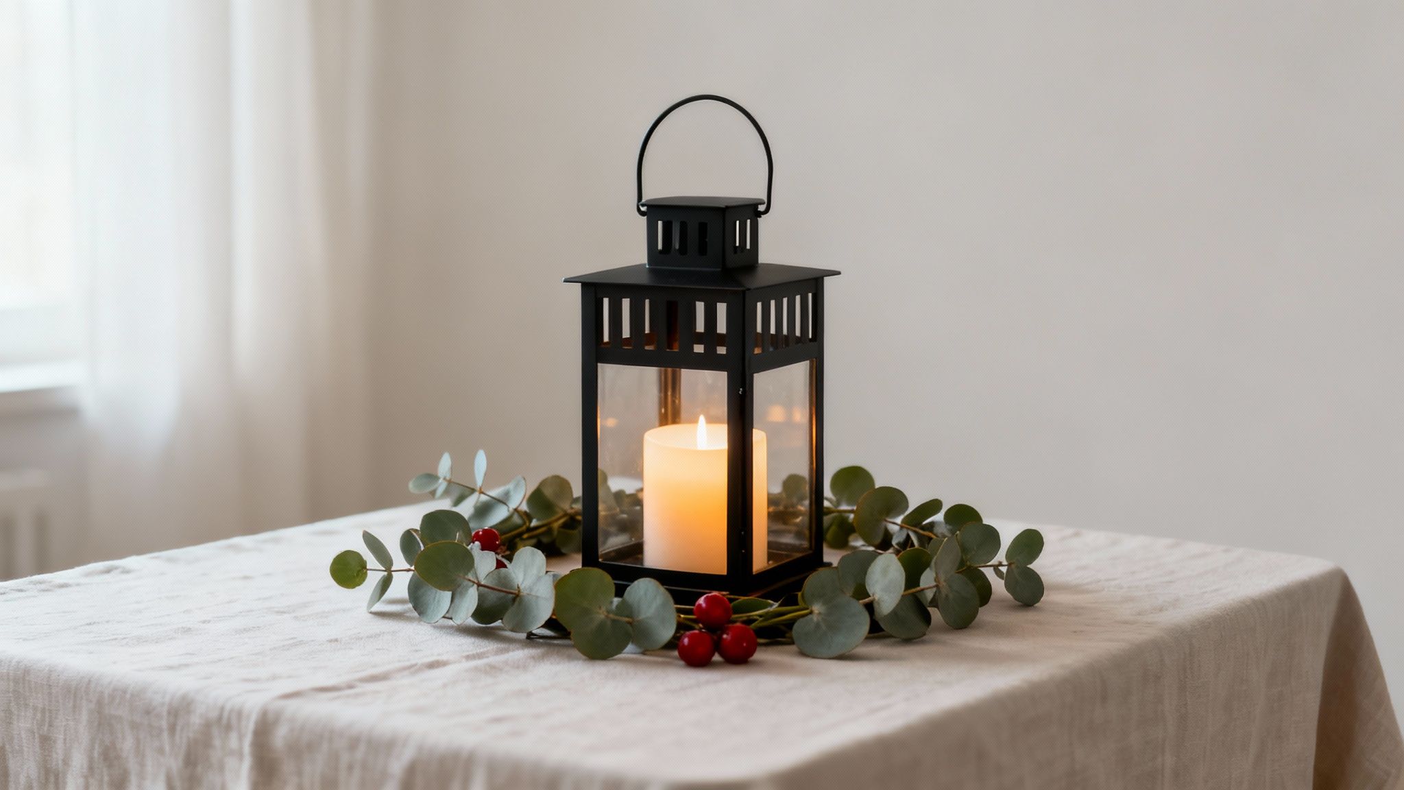 A black lantern with a lit candle, surrounded by eucalyptus and red berries on a tablecloth.