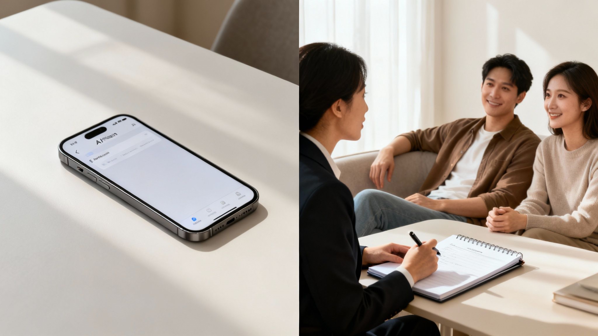 An AI app on an iPhone juxtaposed with a human consultant advising a smiling couple.
