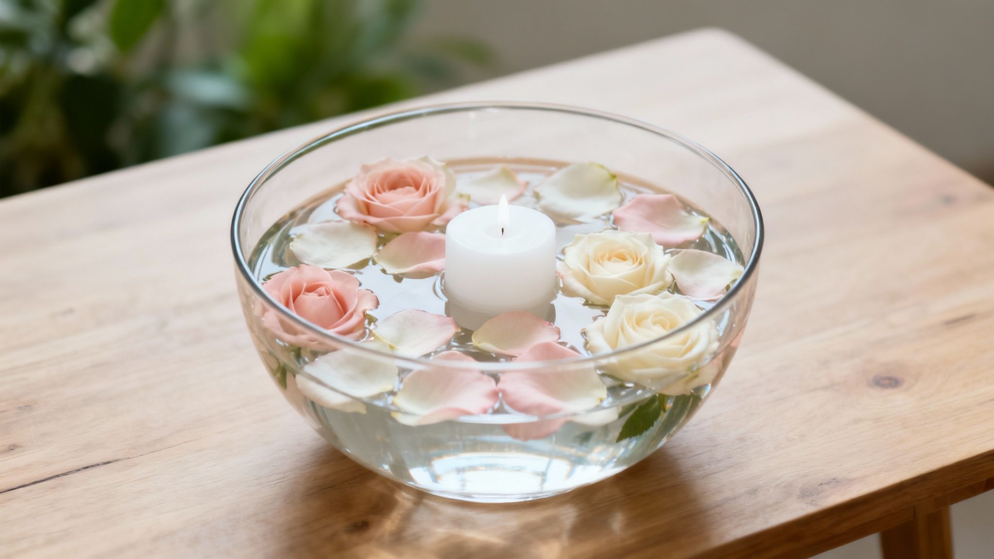 Elegant centerpiece with a lit floating candle, pink and cream roses in a clear glass bowl.