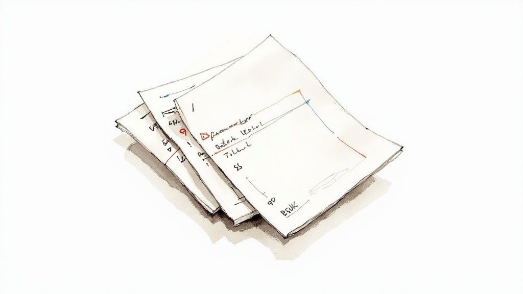 A collection of organized documents, including a passport and papers, on a desk.