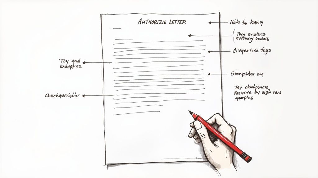 A person writing an authorization letter for passport pickup on a clean, organized desk.