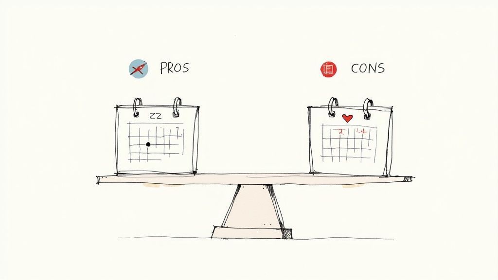 Dos personas revisando documentos de visa con un calendario y un mapa de Estados Unidos al fondo.