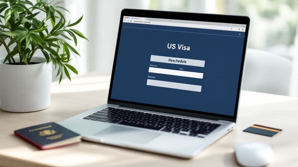 A close-up shot of a computer screen showing a secure login page for a visa application portal, with a user's hand on the mouse.