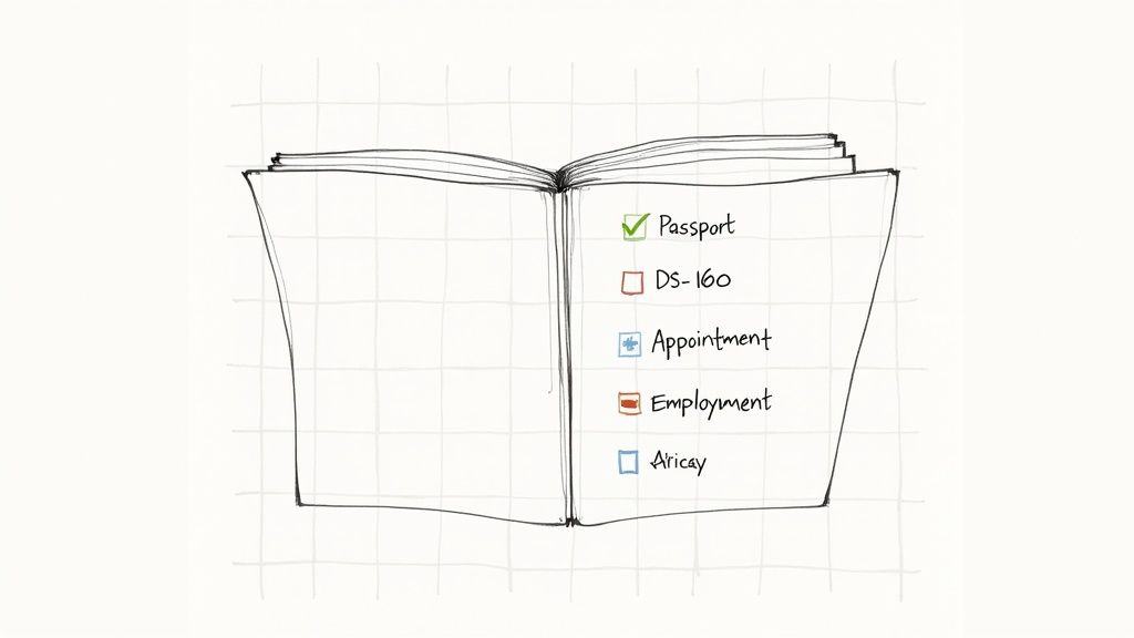 A person organizing travel documents on a desk.