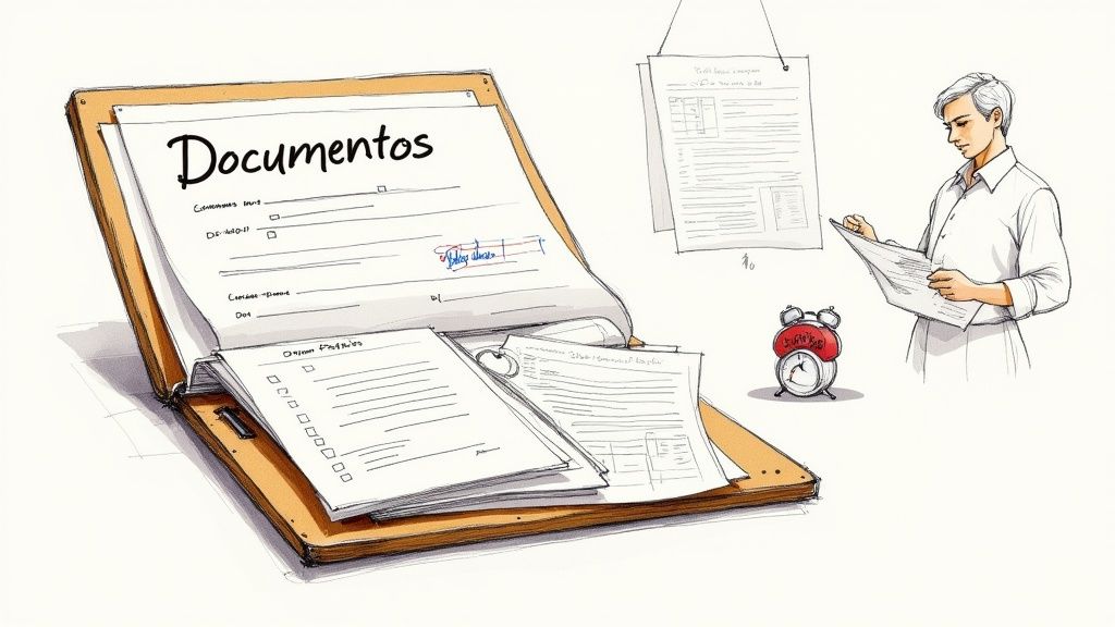 Una persona organizando cuidadosamente documentos de visa en un escritorio con un pasaporte y un bolígrafo.