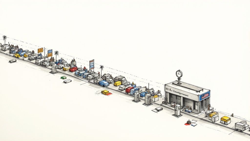 People waiting in line inside a US consulate for visa interviews.