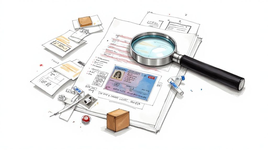 A magnifying glass hovering over a visa application form, highlighting extra costs like photos and courier fees.