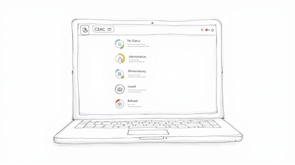 A person sitting at a desk and checking their U.S. visa application status on a laptop.