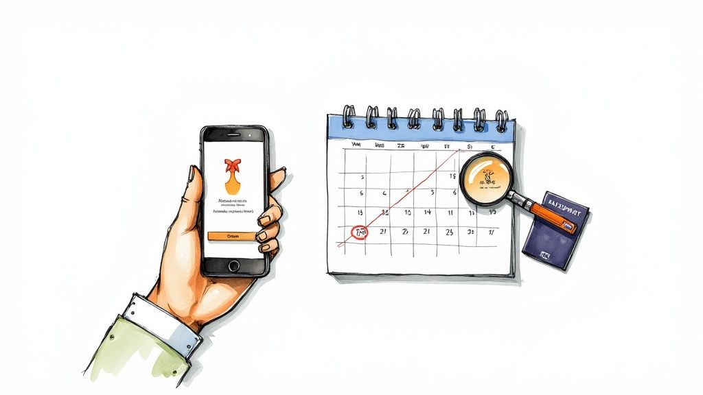 A person using a laptop with a magnifying glass icon, symbolizing the search for an earlier visa appointment.