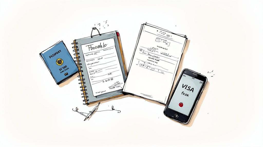 A person's hands organizing travel documents like a passport and confirmation papers on a desk.