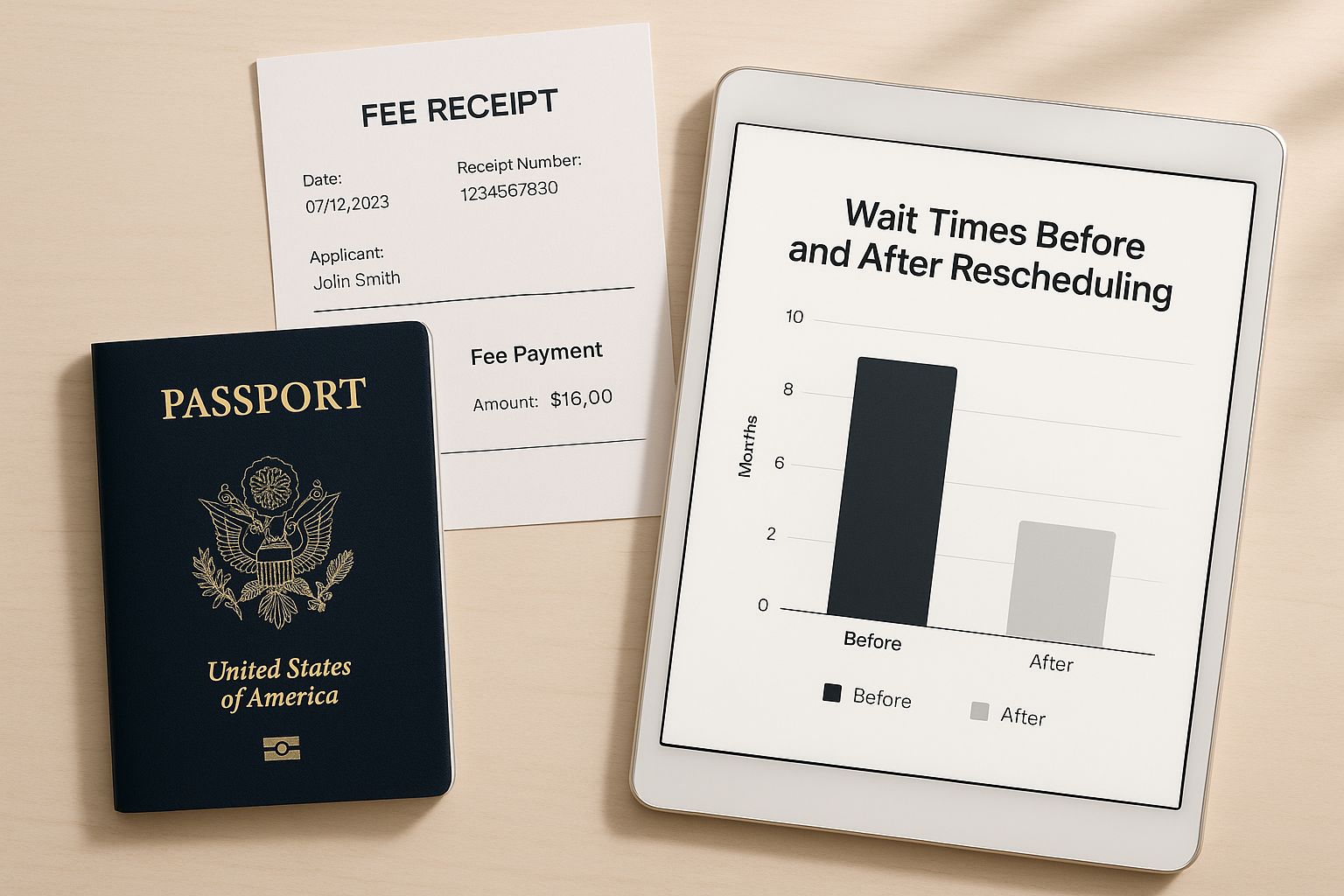 Infographic showing a passport, visa fee receipt, and a tablet displaying a chart that compares U.S. visa appointment wait times before and after rescheduling.