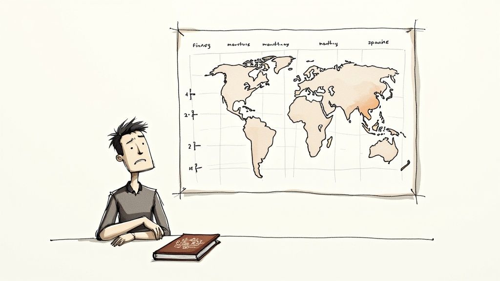 A person looking thoughtfully at a calendar, representing the long wait for a US visa appointment.