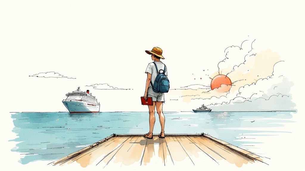 A person's hand holding a passport with a cruise ship in the background.